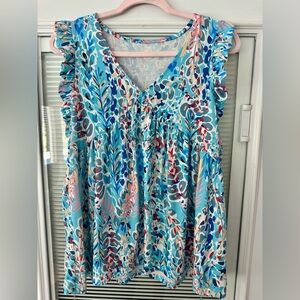 Blue and White Ruffled Sleeveless Blouse